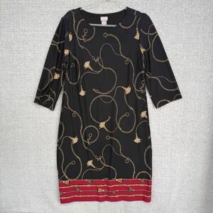 Chicos Women's‎ Black Gold Chain 3/4 Sleeve Dress Sz 1 (8/10) Midi Horse Knit